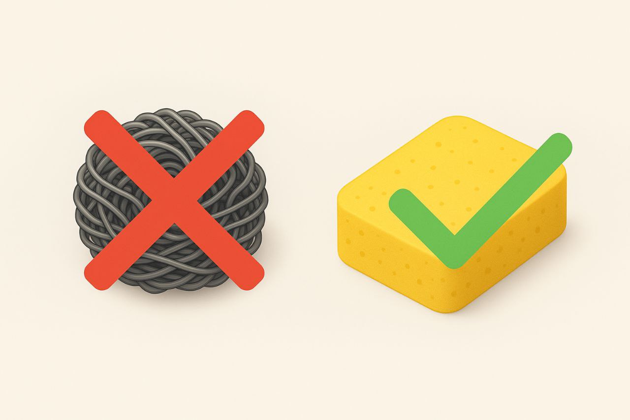 از سیم ظرفشویی و اسکاج زبر برای شستشو استفاده نکنید